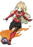  1girl ahoge ball blonde_hair brown_eyes circlet closed_mouth fire_emblem fire_emblem_awakening full_body highres igni_tion mario_strikers_charged nowi_(fire_emblem) pointy_ears soccer soccer_ball soccer_uniform solo sportswear 