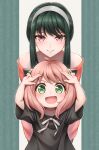  2girls :d ahoge anya_(spy_x_family) arms_up bangs bare_shoulders black_dress black_hair commentary dress green_eyes grey_hairband hairband looking_at_viewer multiple_girls off-shoulder_dress off_shoulder pink_eyes pink_hair red_dress short_hair_with_long_locks short_sleeves smile spy_x_family ten_(tenchan_man) upper_body yor_briar 