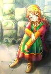  1girl blue_eyes chinyan closed_mouth collarbone colorized curly_hair dragon_quest dragon_quest_vii dress full_body highres hood jewelry long_hair looking_at_viewer maribel_(dq7) redhead ring smile solo wandaisuki 