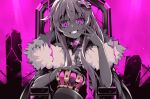  1girl blood conquest_end crazy_eyes crown d-pad d-pad_hair_ornament evil_smile fur_trim giga-tera hair_ornament king_(vocaloid) long_hair nepgear neptune_(series) pink_blood pink_eyes sitting smile solo violet_eyes vocaloid 