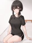  1girl absurdres bangs black_hair black_shirt braid breasts collarbone costone grey_eyes highres large_breasts long_hair looking_at_viewer original shirt short_sleeves shorts simple_background sitting smile solo t-shirt white_background 