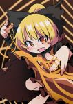  1girl :d blonde_hair blurry blurry_background blush bow brown_dress dress eyebrows_visible_through_hair foot_out_of_frame hair_bow kurodani_yamame long_sleeves looking_at_viewer obyaa open_mouth silk smile solo spider_web touhou 