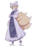  1girl absurdres animal_ears blonde_hair closed_mouth dress fox_ears fox_tail full_body hair_between_eyes hands_in_opposite_sleeves highres kame_(kamepan44231) long_sleeves multiple_tails one-hour_drawing_challenge short_hair simple_background smile solo standing tabard tail touhou white_background white_dress white_legwear yakumo_ran yellow_eyes 
