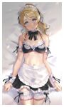  1girl apron ayase_eli black_bow black_bowtie black_bra blonde_hair blue_eyes bow bowtie bra breasts closed_mouth cowboy_shot frilled_bra frilled_skirt frills from_above highres looking_at_viewer love_live! love_live!_school_idol_project lying maid maid_headdress medium_breasts navel on_back sakamuke skirt solo underwear waist_apron 