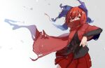  1girl absurdres black_nails black_shirt blue_bow bow cape cloak covered_mouth hair_bow high_collar highres long_sleeves looking_at_viewer miniskirt red_cape red_cloak red_eyes red_skirt redhead sekibanki shirt short_hair skirt solo torn_clothes touhou zakozako_y 