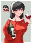  1girl :d ^_^ ^o^ alcohol bangs bare_shoulders black_hair blush border bottle breasts chibi closed_eyes commentary_request cup drinking_glass drunk earrings eyebrows_visible_through_hair gold_earrings hairband hand_up hands_up highres holding holding_bottle holding_cup jewelry large_breasts long_hair looking_at_viewer multiple_views off-shoulder_sweater off_shoulder open_mouth red_sweater smile spy_x_family straight_hair sweater translated tyaaaaaaba upper_body white_border white_hairband wine wine_bottle wine_glass yor_briar 