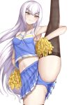  1girl absurdres ass bangs bare_shoulders blue_shirt blue_skirt blush breasts brown_eyes cheerleader collarbone crop_top fairy_knight_lancelot_(fate) fate/grand_order fate_(series) forked_eyebrows highres holding holding_pom_poms kneepits leg_lift leg_up long_hair looking_at_viewer miniskirt navel pleated_skirt pom_pom_(cheerleading) sharen shirt sidelocks skirt small_breasts smile solo split standing standing_on_one_leg standing_split thighs white_hair 