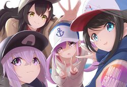  4girls :d absurdres anchor_symbol bangs baseball_cap black_hair black_headwear blue_eyes blue_hair blue_jacket blush breasts brown_jacket closed_mouth collarbone commentary english_commentary eyebrows_visible_through_hair hair_between_eyes hair_ornament hairclip hat highres hilamaru hololive hood hood_down hooded_jacket jacket long_hair medium_breasts minato_aqua multicolored_hair multiple_girls nekomata_okayu onigiri_print ookami_mio oozora_subaru open_clothes open_jacket pink_hair purple_hair redhead shirt simple_background smile streaked_hair subaru_duck swept_bangs twintails two-tone_hair very_long_hair violet_eyes virtual_youtuber white_background white_headwear white_shirt 