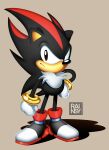  1boy absurdres artist_name black_eyes black_footwear black_hair bracelet brown_background closed_mouth full_body furry furry_male gloves highres jewelry long_hair looking_at_viewer rainsy red_eyes redhead shadow_the_hedgehog shoes simple_background solo sonic_(series) standing white_footwear white_gloves 