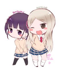  2girls arms_behind_back bangs black_legwear blonde_hair blush brown_eyes chibi closed_mouth commentary_request kneehighs long_hair looking_at_viewer looking_back minami_shizuku multiple_girls noda_kotone one_eye_closed open_mouth purple_hair sakura_trick school_uniform skirt tarabagani two_side_up violet_eyes white_background white_legwear 