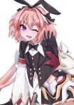  1boy animal_ears astolfo_(fate) astolfo_(saber)_(fate) black_bow black_gloves black_ribbon bow bowtie buttons fake_animal_ears fangs fate/grand_order fate_(series) gloves hair_bow hair_intakes hair_ribbon highres long_hair looking_at_viewer male_focus multicolored_hair one_eye_closed open_mouth otoko_no_ko pink_hair rabbit_ears ribbon skirt smile solo stomach streaked_hair twintails violet_eyes white_hair yu_sakae 
