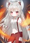  1girl absurdres arm_up bangs blush bow breasts buttons collared_shirt commentary_request eyebrows_visible_through_hair fire fujiwara_no_mokou gradient gradient_sky grey_hair grey_shirt grey_sky hair_bow hand_up highres long_hair looking_at_viewer medium_breasts moon multicolored_bow navel night night_sky ofuda ofuda_on_clothes okome2028 open_mouth pants pocket puffy_short_sleeves puffy_sleeves red_bow red_eyes red_pants shirt short_sleeves sky solo standing touhou white_bow 