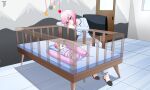 1boy 1girl artist_logo azur_lane bed black_footwear blue_eyes blue_pajamas blue_pants chair commentary commission decorations eyebrows_visible_through_hair highres mother_and_son pacifier pajamas pants pink_hair seydlitz_(azur_lane) sitting slippers toy_bits transparent 