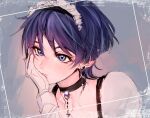  1boy anonymous_12f blue_eyes blue_hair choker closed_mouth crossdressing gem genshin_impact gloves hand_on_own_face looking_to_the_side maid_headdress otoko_no_ko scaramouche_(genshin_impact) white_gloves 