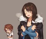  1boy 1girl arm_warmers black_hair blue_eyes breasts brown_hair coat dress final_fantasy final_fantasy_viii gloves jewelry long_hair necklace open_mouth rinoa_heartilly sasanomesi simple_background smile squall_leonhart 