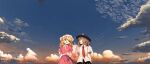  2girls arm_up black_headwear blonde_hair brown_hair closed_eyes clouds cloudy_sky eyebrows_visible_through_hair highres looking_at_another maribel_hearn multiple_girls necktie open_mouth pointing pointing_up sky smile suna_(s73d) talking touhou usami_renko white_headwear 