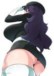 1girl @_@ ass breasts gloves hairband hat hex_maniac_(pokemon) large_breasts long_hair messy_hair pokemon pokemon_(game) pokemon_xy purple_hair purple_hairband simple_background solo team_rocket team_rocket_uniform toudori violet_eyes white_background white_gloves white_legwear 
