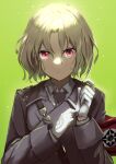  1girl adjusting_clothes adjusting_gloves alternate_costume armband blonde_hair commentary_request dies_irae expressionless gloves green_background highres kokubyaku_no_avesta looking_at_viewer military military_uniform necktie okina_(805197) quinn_(kokubyaku_no_avesta) red_armband red_eyes shinza_bansho_series solo uniform white_gloves 
