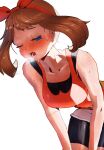  1girl absurdres breasts choutea commentary highres large_breasts leaning_forward may_(pokemon) pokemon pokemon_(game) pokemon_oras solo sweat 