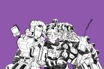  1girl 2boys apex_legends blush bodysuit bug_(silkworm_hnw) closed_eyes facial_hair goatee goggles goggles_on_head greyscale_with_colored_background hair_bun humanoid_robot kiss kissing_cheek mirage_(apex_legends) multiple_boys pathfinder_(apex_legends) purple_background scarf smile spot_color wraith_(apex_legends) 
