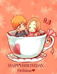  1boy 1girl bleach blush character_name closed_eyes cup english_text happy happy_birthday inoue_orihime japanese_clothes kurosaki_ichigo long_sleeves looking_at_another meitarou miniboy minigirl open_mouth pink_shirt saucer shirt sleeveless sleeveless_shirt smile solo teacup 