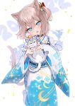  1girl 2022 \||/ absurdres animal animal_ear_fluff animal_ears bangs black_choker blue_eyes blue_kimono cat chinese_zodiac choker cowboy_shot eyebrows_visible_through_hair hair_between_eyes hair_ornament happy_new_year heart heart_choker highres holding holding_animal holding_cat japanese_clothes kimono light_brown_hair looking_at_viewer medium_hair obi one_side_up original sash simple_background solo tail tail_raised white_background white_kimono wide_sleeves year_of_the_tiger yuzukicture 