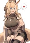  1girl 360_(taiyo360) :d absurdres animal_ear_fluff animal_ears arknights bangs belt bespectacled black-framed_eyewear black_legwear black_shorts blue_eyes blush breasts eyebrows_visible_through_hair glasses hand_on_own_thigh heart highres horse_ears horse_girl horse_tail impossible_clothes large_breasts long_sleeves open_mouth seiza semi-rimless_eyewear short_shorts shorts simple_background sitting smile solo speech_bubble spoken_heart swept_bangs tail thick_eyebrows thigh-highs under-rim_eyewear underbust v-shaped_eyebrows whislash_(arknights) white_background 