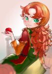  1girl apple closed_mouth curly_hair dragon_quest dragon_quest_vii dress food fruit green_eyes highres hood hyuu_(sing-dog) long_hair looking_at_viewer maribel_(dq7) orange_hair pumpkin solo 