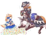  1boy 1girl :d animal_ears armor bangs black_coat black_headwear blonde_hair blue_bow blue_dress blue_eyes bow brown_legwear centaur coat commentary_request dog_ears dog_tail dress eyebrows_visible_through_hair fang fkufku flower_wreath flying_sweatdrops frilled_dress frills full_body furry furry_female furry_male gauntlets hair_between_eyes hair_bow hat holding horse_tail horseback_riding horseshoe long_hair long_sleeves looking_at_another military military_uniform monster_boy multiple_legs open_mouth original rapier red_eyes riding saddle sheath sheathed shin_guards shirt shoulder_pads sidelocks simple_background sitting smile snout sweat sword tail taur twintails twitter_username uniform weapon white_shirt 
