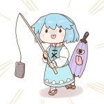  1girl :p blue_hair blue_skirt blue_vest blush emphasis_lines fishing_rod full_body geta heterochromia holding holding_umbrella juliet_sleeves karakasa_obake long_sleeves looking_at_viewer open_mouth poronegi puffy_sleeves short_hair simple_background skirt solo tatara_kogasa tongue tongue_out touhou umbrella v-shaped_eyebrows vest white_background 