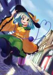  1girl :d absurdres arm_up black_headwear blush clouds day green_eyes green_hair hat highres holding holding_clothes holding_hat koishi_day komeiji_koishi looking_at_viewer open_mouth polyhedron2 skirt sky smile solo suitcase third_eye touhou 