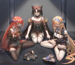  3girls animal_ears arknights arms_behind_back bagpipe_(arknights) bangs bare_shoulders black_choker black_dress black_hair black_legwear blonde_hair blue_hairband blue_necktie bound_ankles braid breasts cat_ears chenjiyan_y chinese_commentary choker closed_eyes commentary_request commission dress eyebrows_visible_through_hair gag gagged hairband highres horns improvised_gag indian_style indoors jacket large_breasts long_hair long_sleeves mandragora_(arknights) multiple_girls necktie off-shoulder_dress off_shoulder orange_hair plaid plaid_skirt pointy_ears red_skirt rope saileach_(arknights) second-party_source shirt shoes shoes_removed short_hair sitting skirt tape tape_gag thigh-highs twin_braids very_long_hair violet_eyes white_legwear white_shirt wide_sleeves 