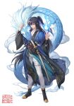  1boy ankle_boots black_hair blue_ribbon boots chinese_clothes dragon eastern_dragon full_body hair_ribbon hands_up highres long_hair long_sleeves male_focus marinette original pants ponytail ribbon simple_background solo standing sword very_long_hair violet_eyes weapon white_background white_pants 