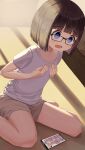  1girl :d bangs barefoot black-framed_eyewear black_hair blue_eyes blush brown_shorts cellphone commentary_request eyebrows_visible_through_hair glasses hand_up highres indoors mimikaki_(men_bow) on_floor original phone shirt short_hair short_shorts short_sleeves shorts sitting smile solo thick_eyebrows wariza white_shirt 