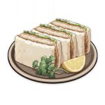  artist_request bread commentary english_commentary flower food food_focus fruit game_cg genshin_impact leaf lemon lemon_slice lettuce lowres meat muted_color no_humans official_art parsley plate raw_fish sandwich sliced_meat still_life third-party_source tonkatsu transparent_background 