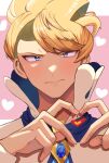  1boy ascot bangs blonde_hair blue_ascot blue_eyes closed_mouth commentary_request heart heart_hands high_collar highres looking_at_viewer male_focus notice_lines okuro_zmzm own_hands_together pink_background pokemon pokemon_(game) pokemon_xy shirt short_hair siebold_(pokemon) solo upper_body white_shirt 