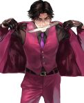  1boy black_gloves black_hair black_shirt dagger ear_piercing facial_hair fangs formal gloves goatee highres holding holding_weapon in_mouth jacket knife leather leather_gloves lips male_focus manly mature_male necktie nishitani_homare pants piercing purple_necktie red_eyes red_jacket red_pants ryuu_ga_gotoku ryuu_ga_gotoku_0 samuraisamurai shirt short_hair tongue tongue_out upper_body vest weapon yakuza 