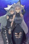  2girls absurdres arknights arm_hug arm_up armpits ascot bangs black_ascot black_dress black_legwear black_pants breasts cleavage_cutout closed_mouth clothing_cutout detached_sleeves dress eyebrows_visible_through_hair frilled_dress frills grey_hair hair_between_eyes hand_on_headwear highres holding_hands interlocked_fingers large_breasts leaning_forward long_hair long_sleeves looking_at_viewer medium_breasts multiple_girls pants pantyhose parted_lips pelvic_curtain red_eyes skadi_(arknights) specter_(arknights) specter_the_unchained_(arknights) standing thigh_cutout tuoyezengzhi underwater very_long_hair waist_cape white_headwear 