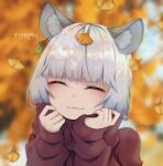  1girl :3 animal_ear_fluff animal_ears artist_name autumn autumn_leaves bangs blunt_bangs closed_eyes closed_mouth commentary_request day facing_viewer falling_leaves ginkgo_leaf highres leaf leaf_on_head long_sleeves mixed-language_commentary nealayiskah original outdoors red_sweater sleeves_past_wrists smile solo sweater thick_eyebrows turtleneck turtleneck_sweater upper_body 
