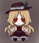  1girl bangs blonde_hair brown_footwear brown_headwear brown_skirt brown_vest commentary_request cross devilkirinrin dolls_in_pseudo_paradise frilled_hat frills fumo_(doll) grey_background hat hat_feather highres holding holding_cross jacket_girl_(dipp) jitome juliet_sleeves long_hair long_sleeves looking_at_viewer mixed-language_commentary no_nose protected_link puffy_sleeves red_eyes revision shirt sitting skirt smile solo touhou very_long_hair vest wavy_hair white_sleeves 