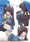  ! !! 1girl ^^^ ahoge animal animal_ears animal_on_lap bangs binoculars black_hair blue_archive blue_serafuku blue_shirt blue_skirt blunt_bangs closed_mouth commentary embarrassed fake_animal_ears footprints from_side green_neckerchief halo headset highres hime_cut holding holding_animal holding_binoculars in_container leaf leaf_on_head long_hair looking_at_viewer lying miyu_(blue_archive) multiple_views neckerchief on_lap on_stomach open_mouth paid_reward_available pantyhose parted_lips pkpkpppk pleated_skirt rabbit_ears raised_eyebrows sailor_collar school_uniform serafuku shadow shirt shoes simple_background skirt sneakers speech_bubble squatting tearing_up trash_can under_skirt weasel white_background white_footwear white_legwear white_sailor_collar 
