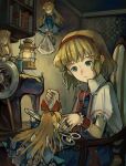  4girls absurdres alice_margatroid blonde_hair book bookshelf candle chair doll fire flying hairband highres holding kornod multiple_girls red_headwear red_ribbon ribbon scissors sewing_machine shanghai_doll sitting smile table touhou 