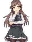 1girl alchera arashio_(kancolle) arashio_kai_ni_(kancolle) black_legwear blush brown_eyes brown_hair covering_mouth cowboy_shot dress eyebrows_visible_through_hair frilled_dress frills hair_between_eyes kantai_collection long_hair long_sleeves pantyhose pinafore_dress shirt solo white_background white_shirt