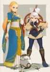  2girls bangs black_legwear blonde_hair blue_dress bridal_gauntlets character_request dress gloves green_eyes grey_background hair_ornament hair_stick hand_on_hip hand_on_own_chest hand_on_own_chin hand_up highres hyrule_warriors:_age_of_calamity impa iva_(sena0119) leaning_forward long_hair multiple_girls pantyhose parted_lips pointy_ears princess_zelda sheikah standing stroking_own_chin teeth the_legend_of_zelda the_legend_of_zelda:_breath_of_the_wild triforce_print white_dress white_gloves white_hair 