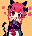 1girl :d alice_in_koishi animal_ears bangs black_bow blush blush_stickers bow braid cat_ears dress hair_bow happy head_tilt heart kaenbyou_rin long_sleeves looking_at_viewer nekomata open_mouth orange_background red_eyes redhead ribbon simple_background smile solo touhou twin_braids twintails upper_body 