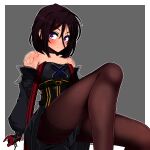  black_dress black_hair chain dress dungeon_and_fighter female_priest_(dungeon_and_fighter) gloves grey_background looking_at_viewer mistress_(dungeon_and_fighter) red_gloves seams short_hair sitting sss_(komojinos3) tattoo thigh-highs violet_eyes 