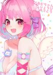  1girl :d absurdres ahoge angel_wings blue_hair blush braid breasts confetti fang feathered_wings happy_birthday heart highres idolmaster idolmaster_cinderella_girls large_breasts looking_at_viewer multicolored_hair o-ring pink_hair short_hair smile solo two-tone_hair upper_body wings woruka yumemi_riamu 