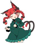 1girl ;d animal_ears black_bow blush bow braid cat_ears cat_tail contrapposto cowboy_shot cropped_legs dress extra_ears fang green_dress hair_bow highres ini_(inunabe00) kaenbyou_rin long_sleeves looking_at_viewer multiple_tails nekomata one_eye_closed open_mouth paw_pose puffy_sleeves red_eyes redhead skin_fang smile solo tail touhou twin_braids 