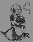  1girl abottleofstars alternate_costume apron blindfold blush bow choker closed_mouth collarbone cup elbow_gloves enmaided floating flying_sweatdrops frilled_apron frills gloves grey_background greyscale hair_over_one_eye highres holding holding_tray maid maid_day maid_headdress monochrome nier_(series) nier_automata pod_(nier_automata) puffy_sleeves short_hair simple_background skindentation sweat sweatdrop teacup teapot thigh-highs tray 