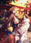  1girl 3boys baby babywearing blonde_hair blue_eyes blurry bokeh braid brown_hair child closed_mouth colored_tips dated depth_of_field drooling dutch_angle falling_leaves family fence forked_eyebrows from_behind hair_over_shoulder haori happy highres holding_hands japanese_clothes kimetsu_no_yaiba kimono leaf long_hair long_sleeves looking_at_viewer looking_back multicolored_hair multiple_boys new_year nyapon outdoors ponytail red_eyes redhead rengoku_kyoujurou rengoku_ruka rengoku_senjurou rengoku_shinjurou retaining_wall seigaiha shide single_braid sleeping smile stone_lantern streaked_hair torii twilight wide_sleeves wind younger 